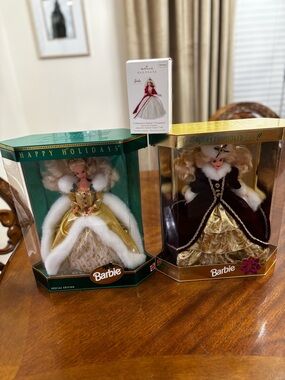 Barbie Holiday Dolls in Gold, Burgundy & White Festive Gowns